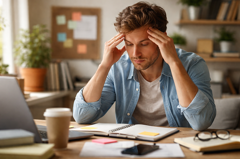 Man in a blue shirt sits at a desk, holding his head in stress. Open notebook, laptop, and coffee cup are on the table. Office setting.