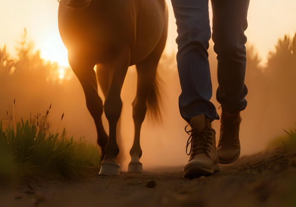 Mann und Pferd nebeneinander