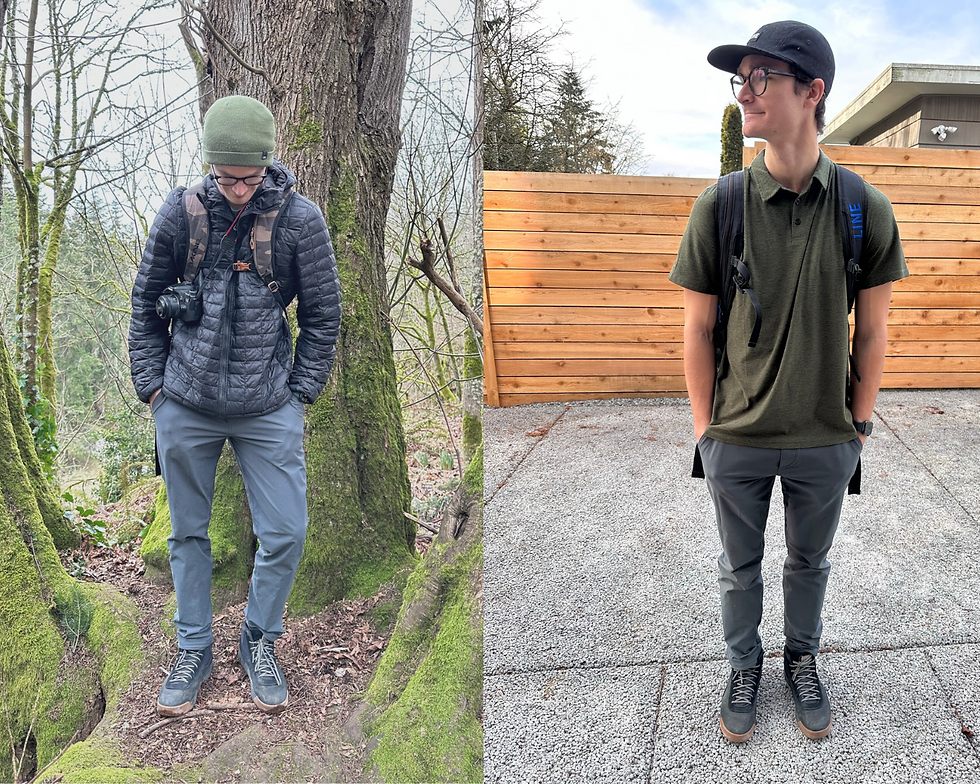a hiker and a business casual employee wearing kuhl pants