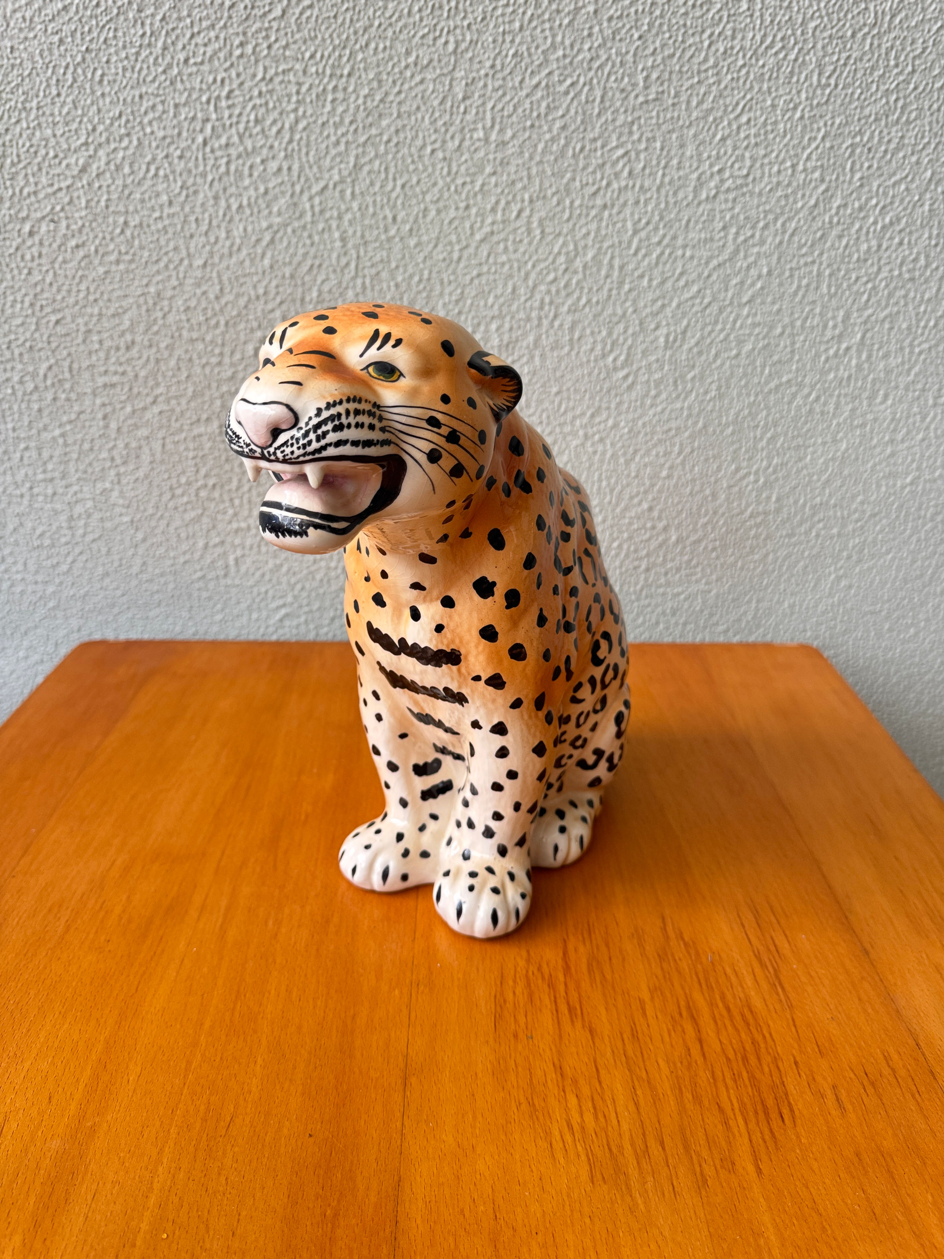 Bordallo Pinheiro Crackle-Glazed Ceramic Leopard Sculpture, Portugal, 1970s