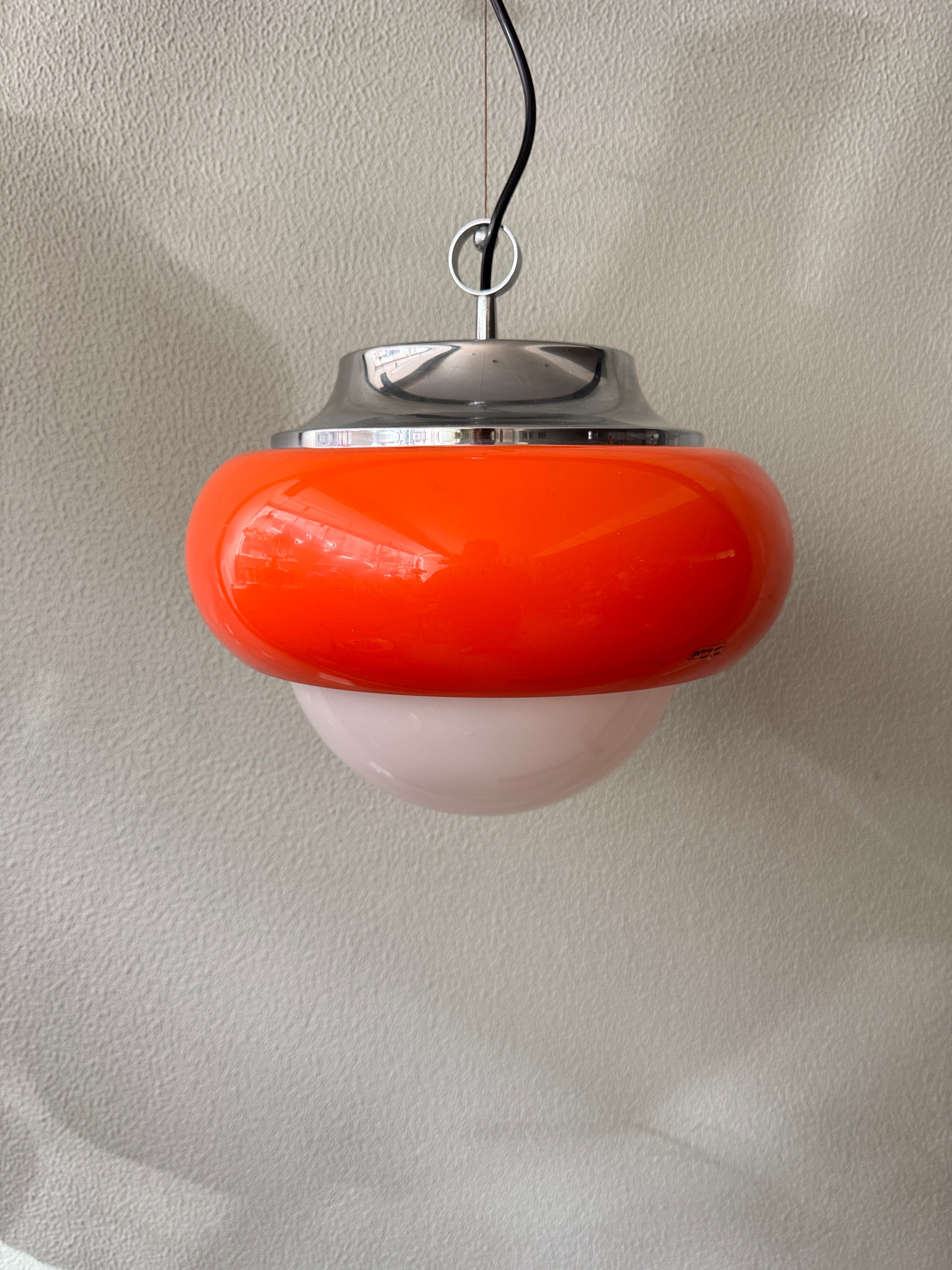 Harvey Guzzini Orange Acrylic and Glass Ceiling Lamp Chrome Italy 1970s
