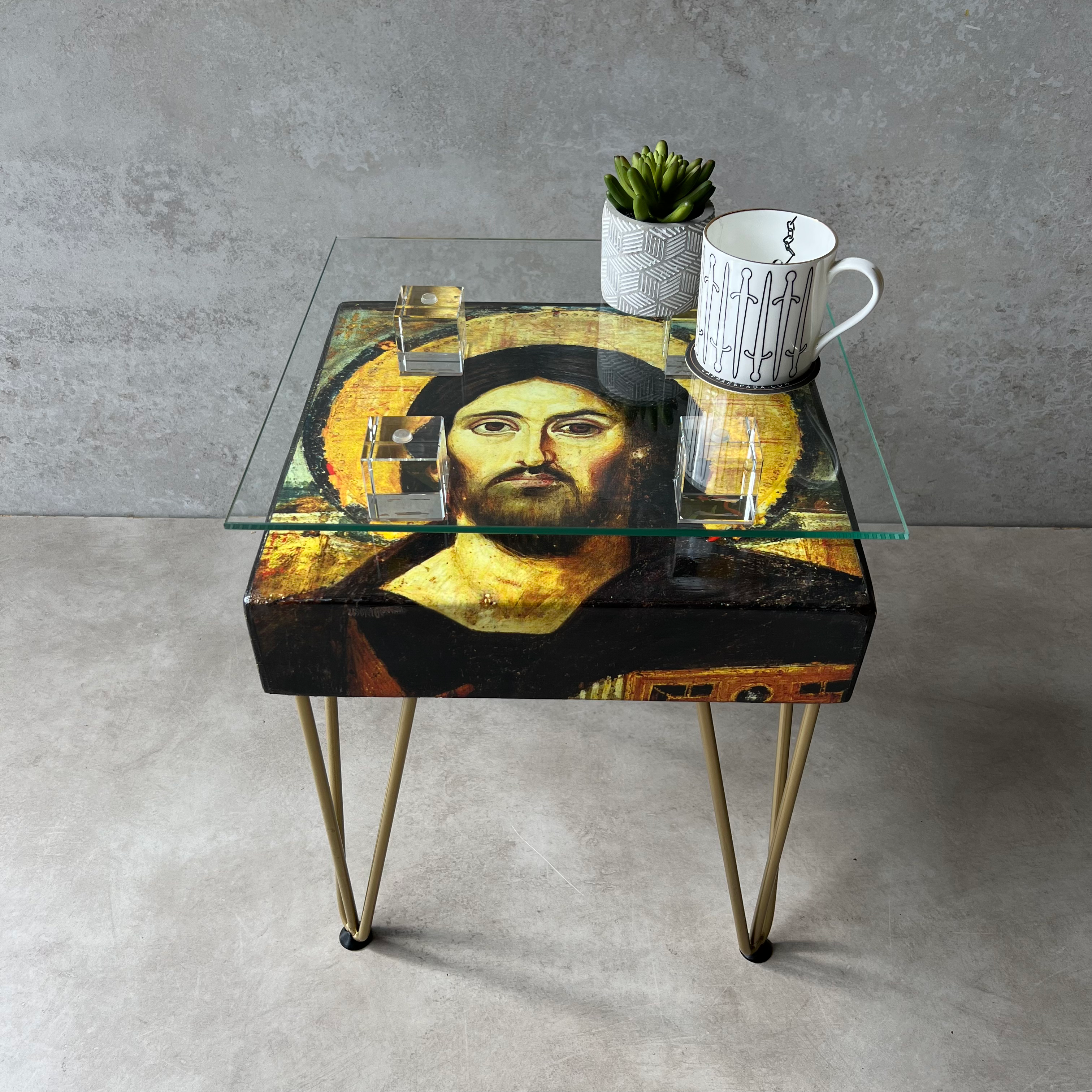 Jesus Side Table with Glass Top
