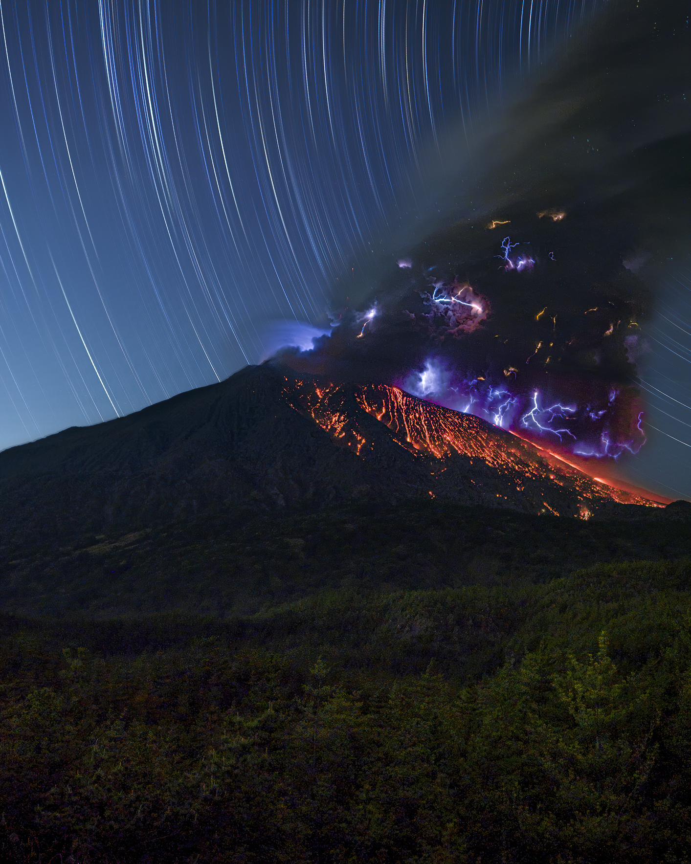 Startrails and Volcano
