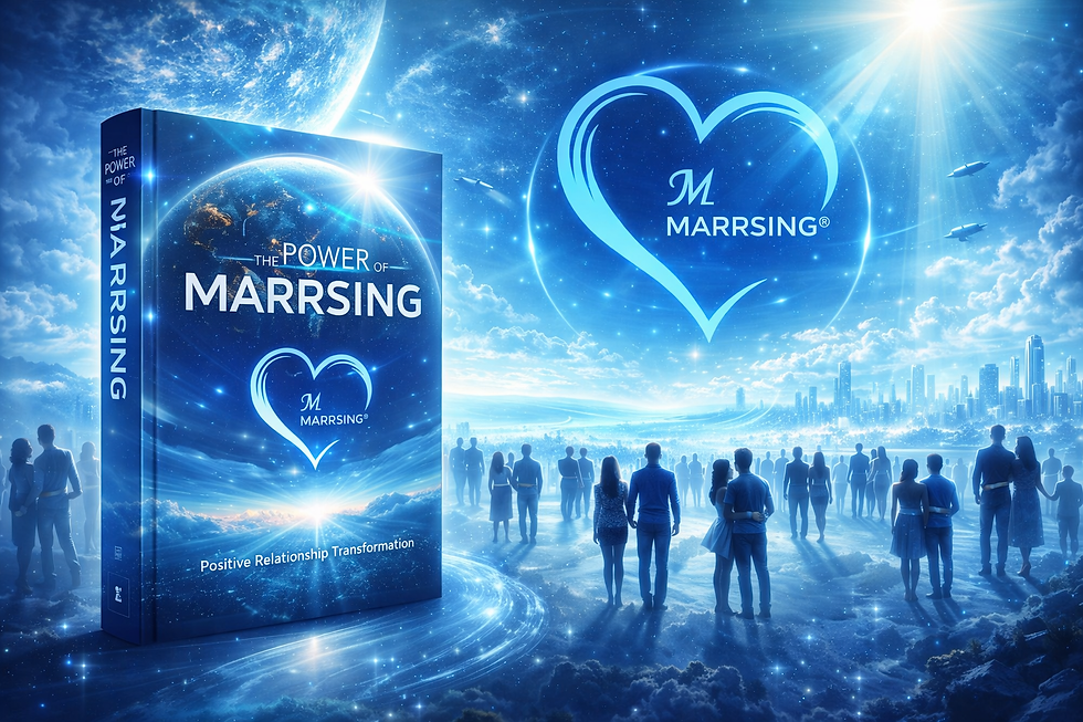 The bestselling book 'The Power of Marrsing' with depiction of the positive transformation movement it has started among individuals, partners, and couples worldwide. Also includes the Marrsing logo in a harmonious future forward scene.