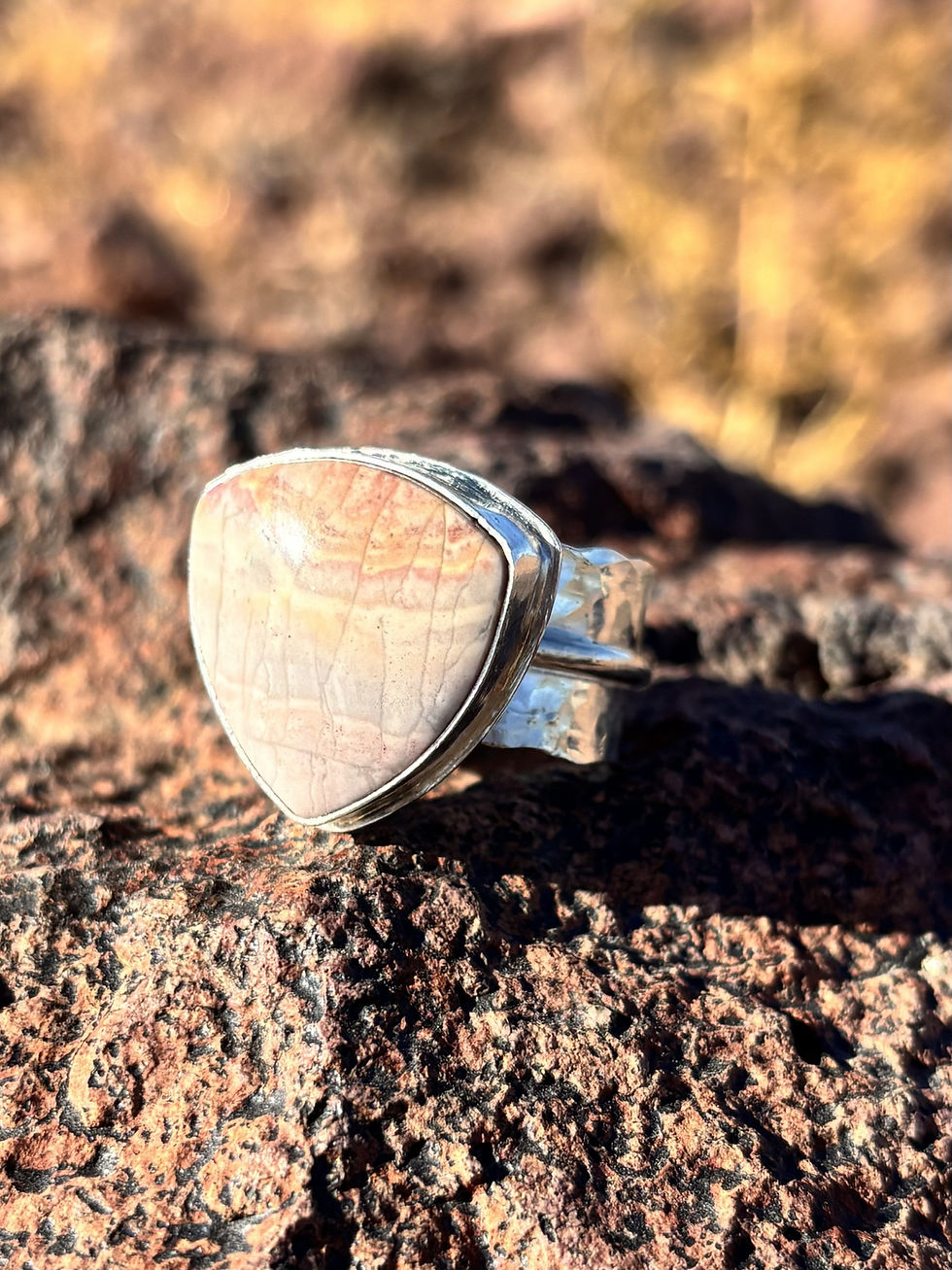 Custom silver jewelry with a willow creek jasper gemstone featuring a hammered wide band by Ash and Stone Silverworks
