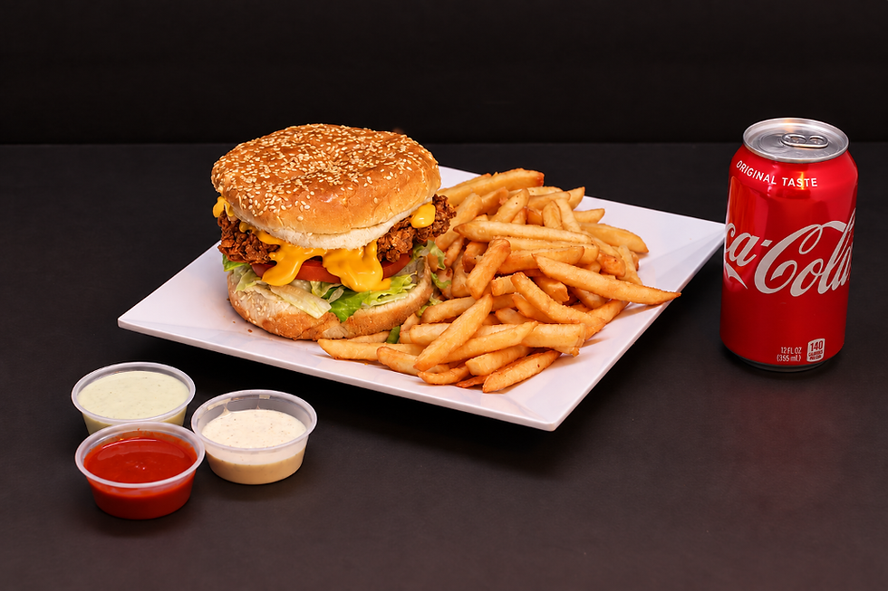 Crispy halal chicken burger with fries and Krazy Sauce