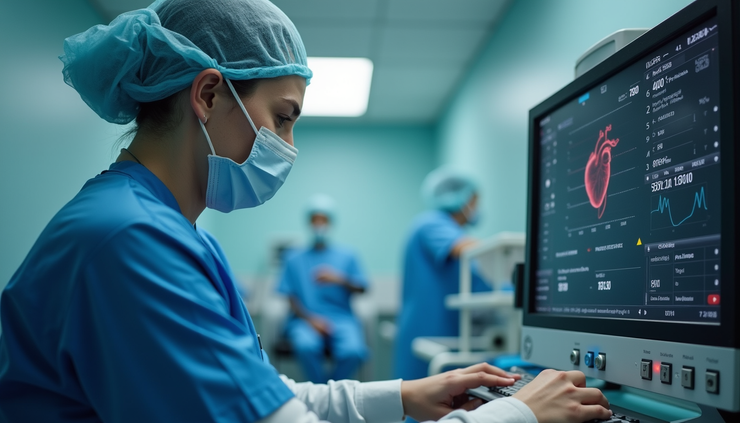 Eye-level view of a medical professional adjusting a heart monitor in a clinical setting