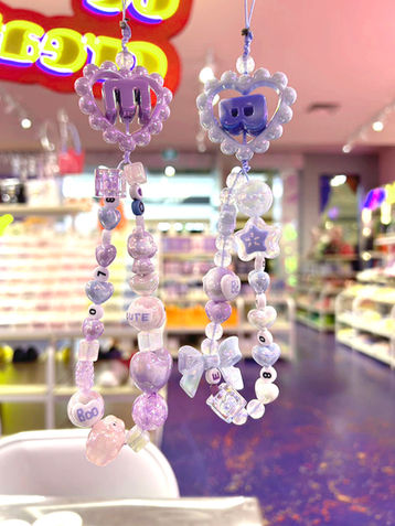 Adorable purple beaded phone charms: 'Boo', 'Cute', and letter charms