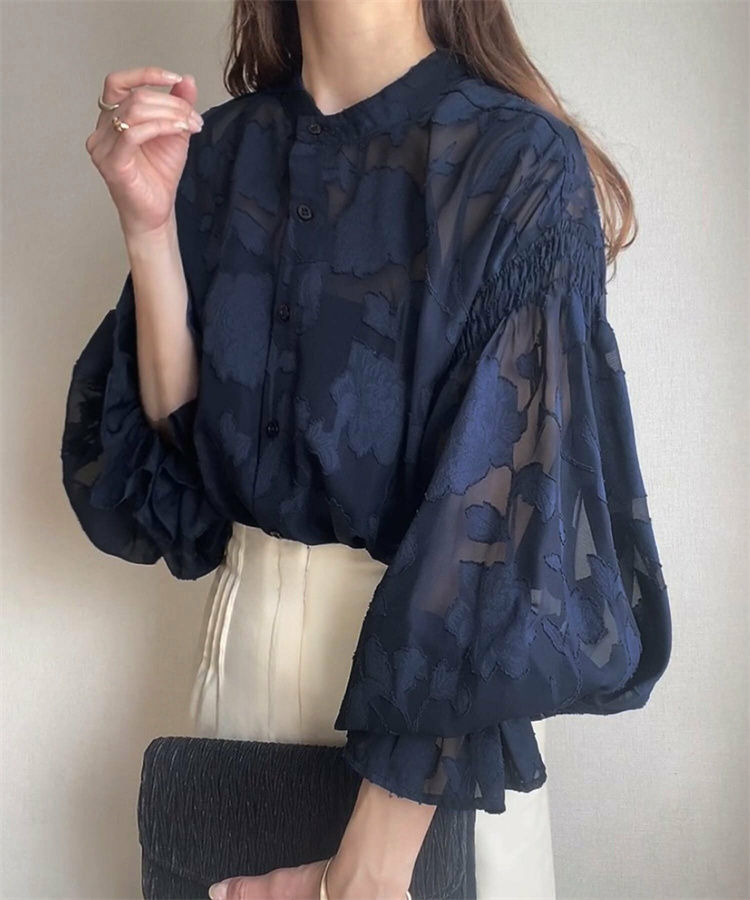 Thumbnail: Elegant Chiffon Lace Blouse Women Long Sleeve Embroidered Floral Shirt High Neck