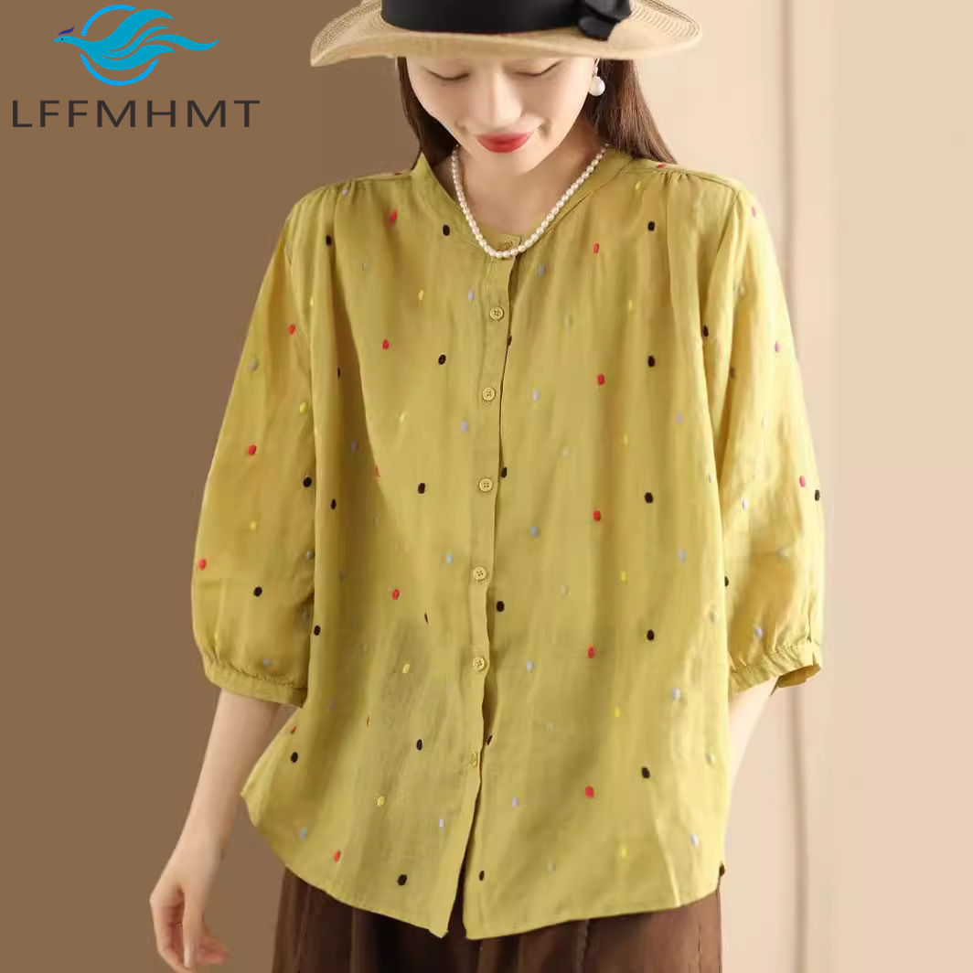 Summer Women's Loose-fit Single-breasted Ramie Shirt Artistic Embroidery Polka D