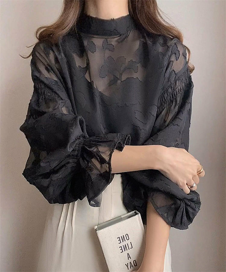 Thumbnail: Elegant Chiffon Lace Blouse Women Long Sleeve Embroidered Floral Shirt High Neck