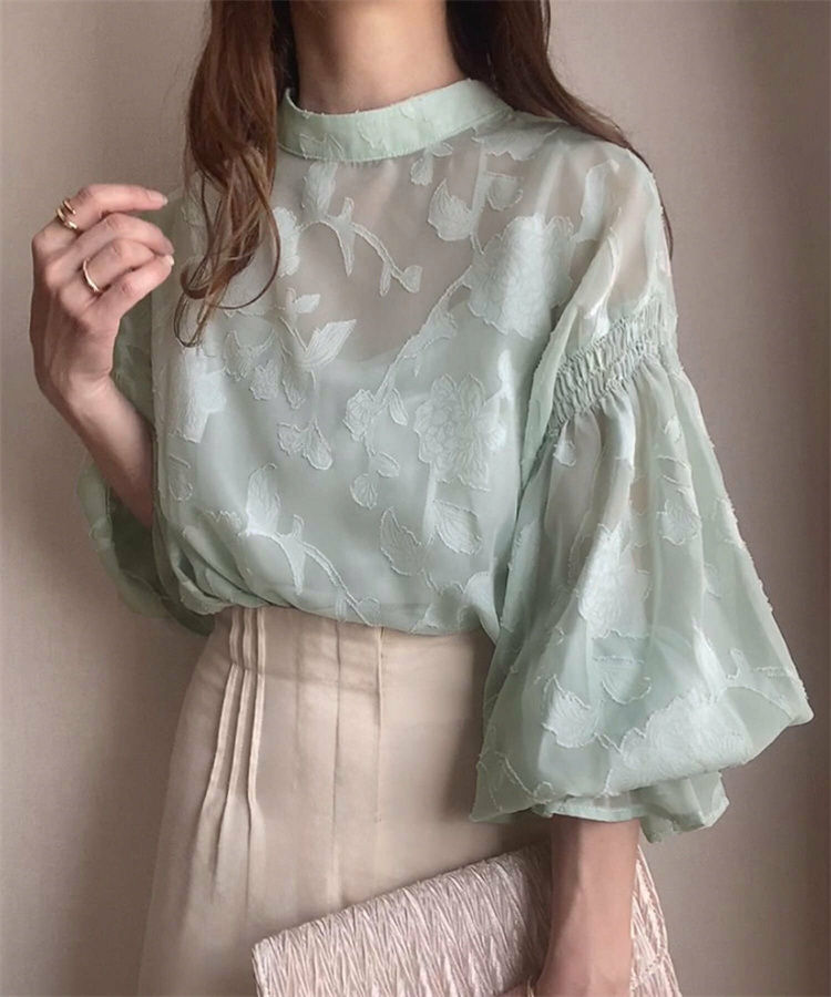 Thumbnail: Elegant Chiffon Lace Blouse Women Long Sleeve Embroidered Floral Shirt High Neck