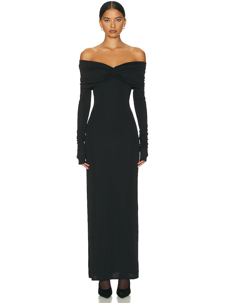 Thumbnail: Party Dresses For Women Fashion Sexy Solid Full Sleeves Slash Neck Hip Wrap Slim