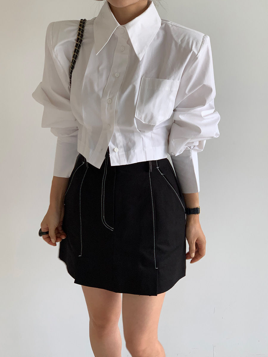 Thumbnail: Spring Summer Women Turn-down Collar Long Sleeve Shirts Solid Color Hollow Out B