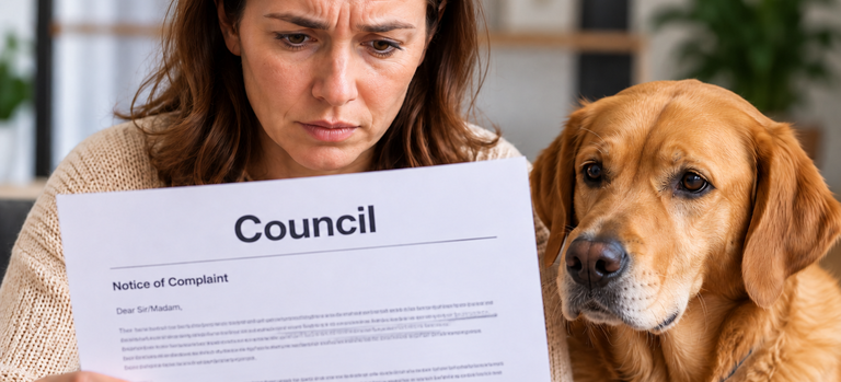 Woman and dog looking at Council notice