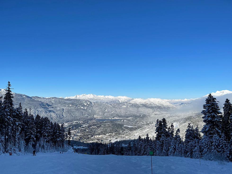Snowy mountain landscape with skiers on a slope, surrounded by pine trees. Clear blue sky and distant snow-covered peaks create a serene mood.