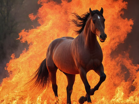 A horse running through flames.