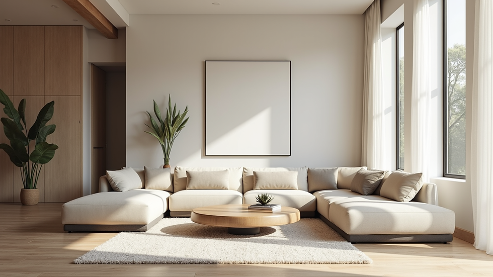Eye-level view of a spacious living room with modern minimalist furniture and neutral tones
