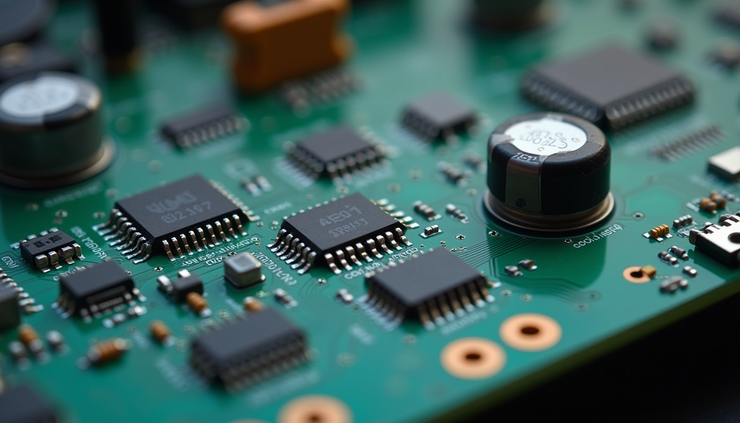 Eye-level view of electronic circuit board with EMI shielding components