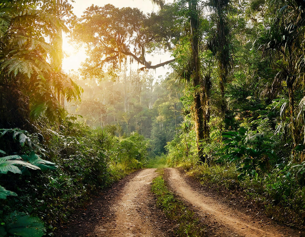 Firefly Sonnenaufgangsregenwald mit beleuchtetem Feldweg, dichte vegetation; tiefenscharfe