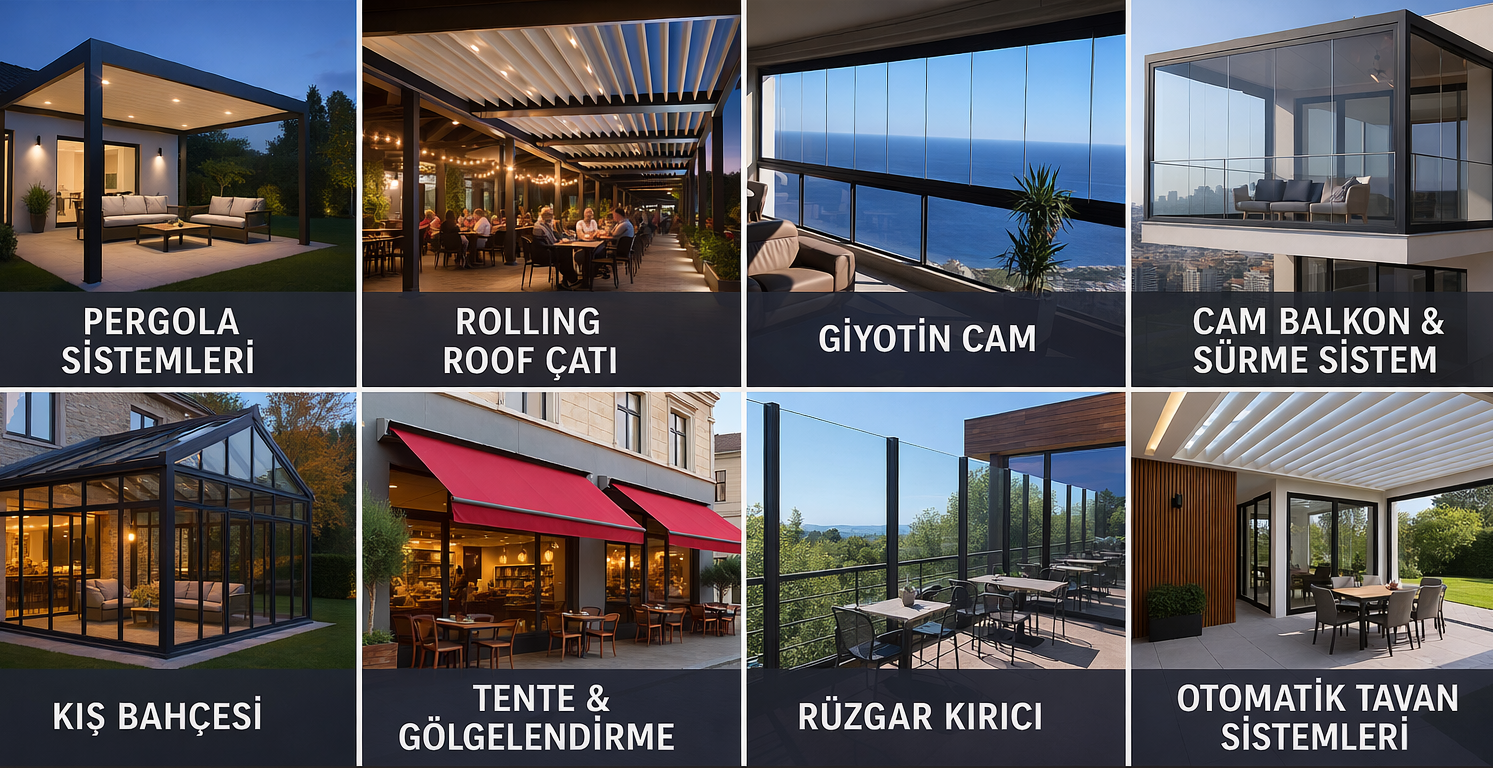 Modern mimariye uygun bioklimatik pergole sistemi ile teras, bahçe ve dış mekanlarda konforlu gölgelendirme çözümleri.