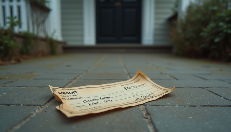 Eye-level view of a weathered front porch with a closed door and a torn check on the ground