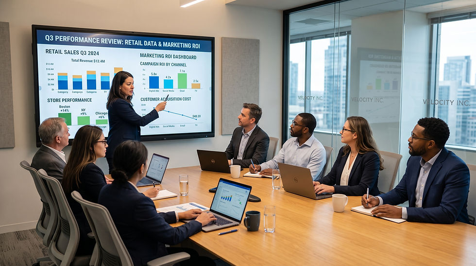 Marketing executives and finance leaders analyzing retail sales performance and activation ROI metrics on a dashboard in a boardroom.
