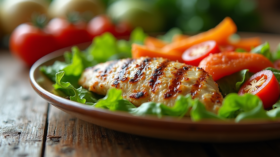 Close-up view of a colorful keto meal with fresh vegetables and grilled chicken