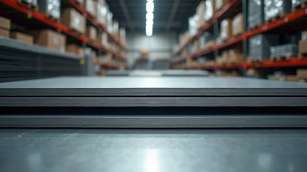 Eye-level view of aluminum sheets stacked in a metal supply store