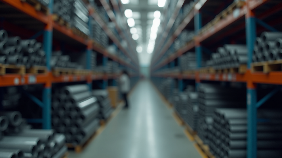 Eye-level view of metal pipes organized in a storage rack