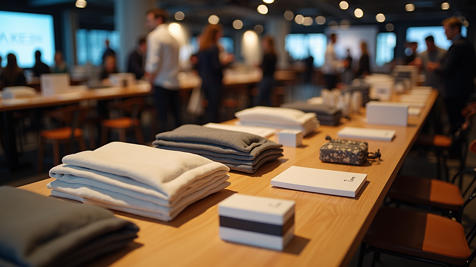 High angle view of a corporate event with branded merchandise displayed on tables