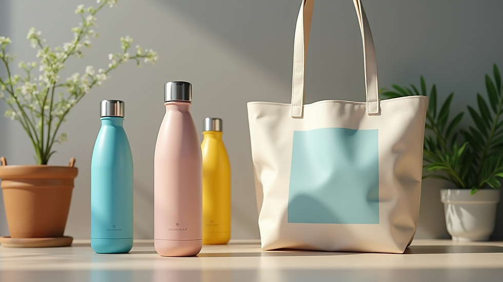 Close-up view of branded promotional merchandise including water bottles and tote bags
