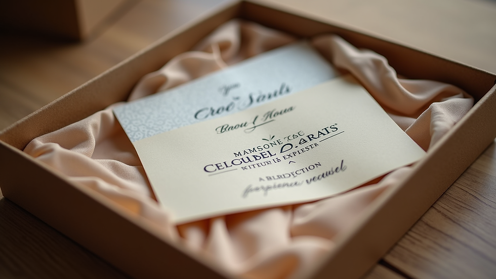 Close-up view of a branded corporate gift box with personalized notes and experience vouchers