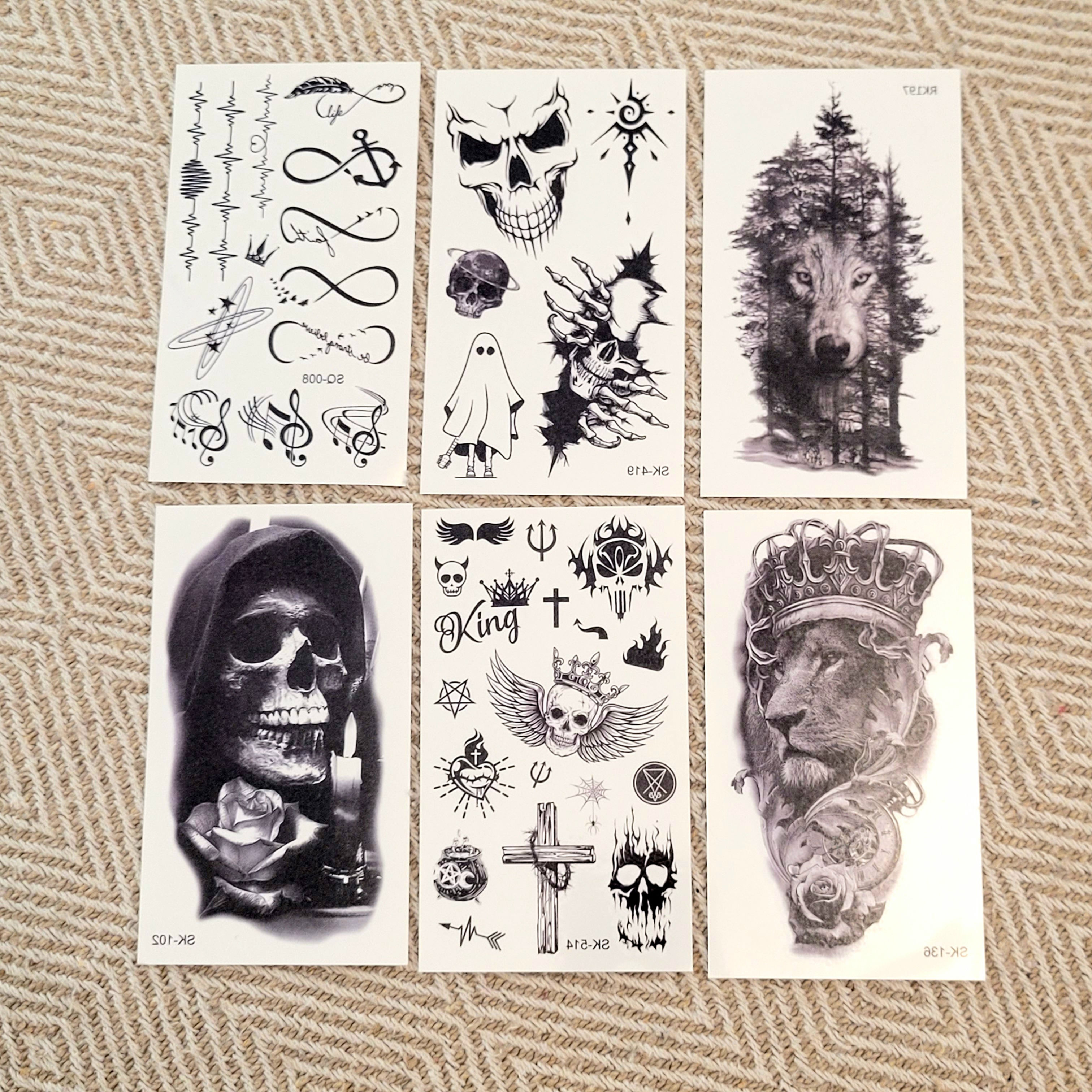 סט 6 קעקועים אריה גולגולת קעקועים קטנים