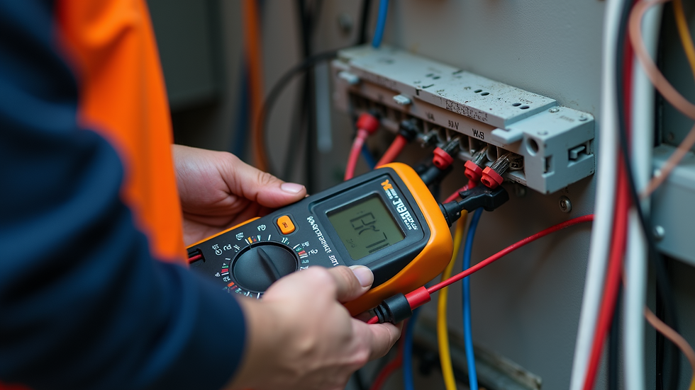 Close-up of electrician using a multimeter to test electrical wiring