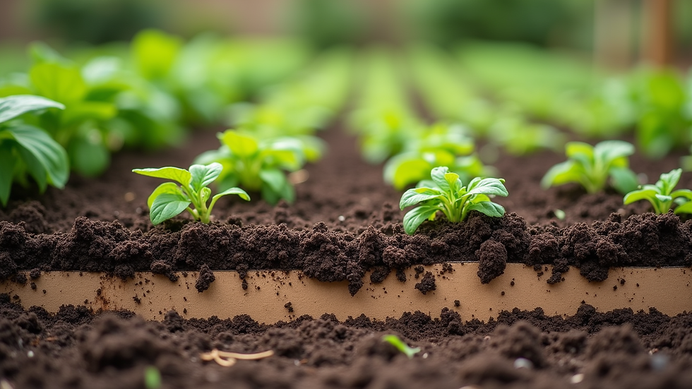 Close-up view of layered no-till garden bed with cardboard and compost