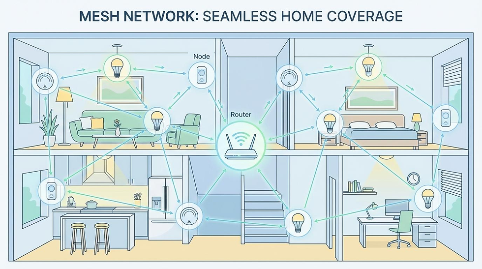 Mesh Network Visualization: Illustrating how devices relay data to increase range and reliability.