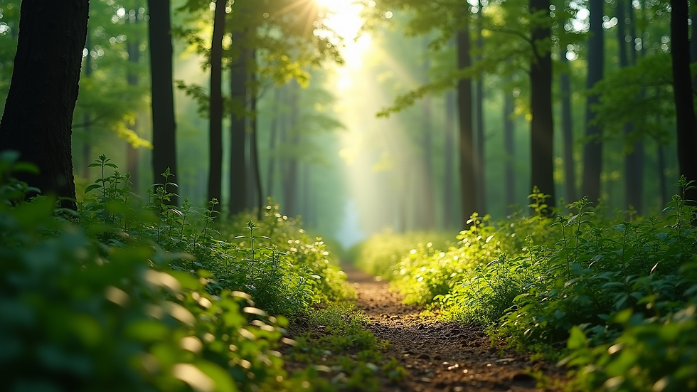 Eye-level view of a lush green forest with sunlight filtering through the trees
