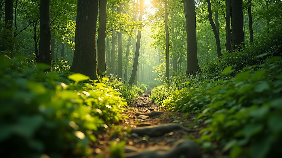 Eye-level view of a lush green forest with sunlight filtering through the trees