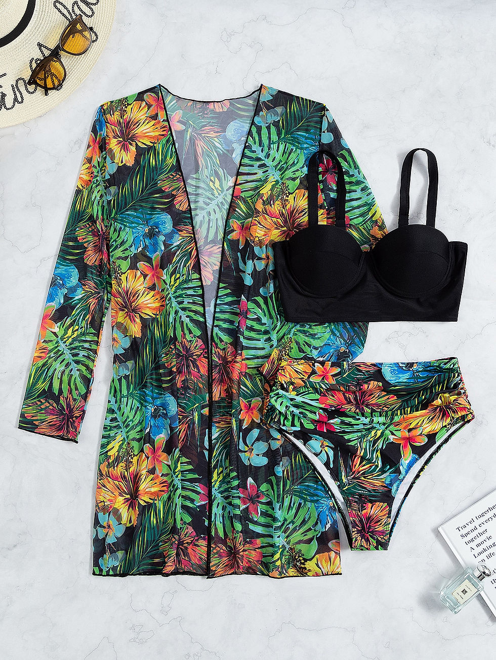 Miniatura: 3pack Tropical Print Push Up High Waisted Bikini Swimsuit & Kimono