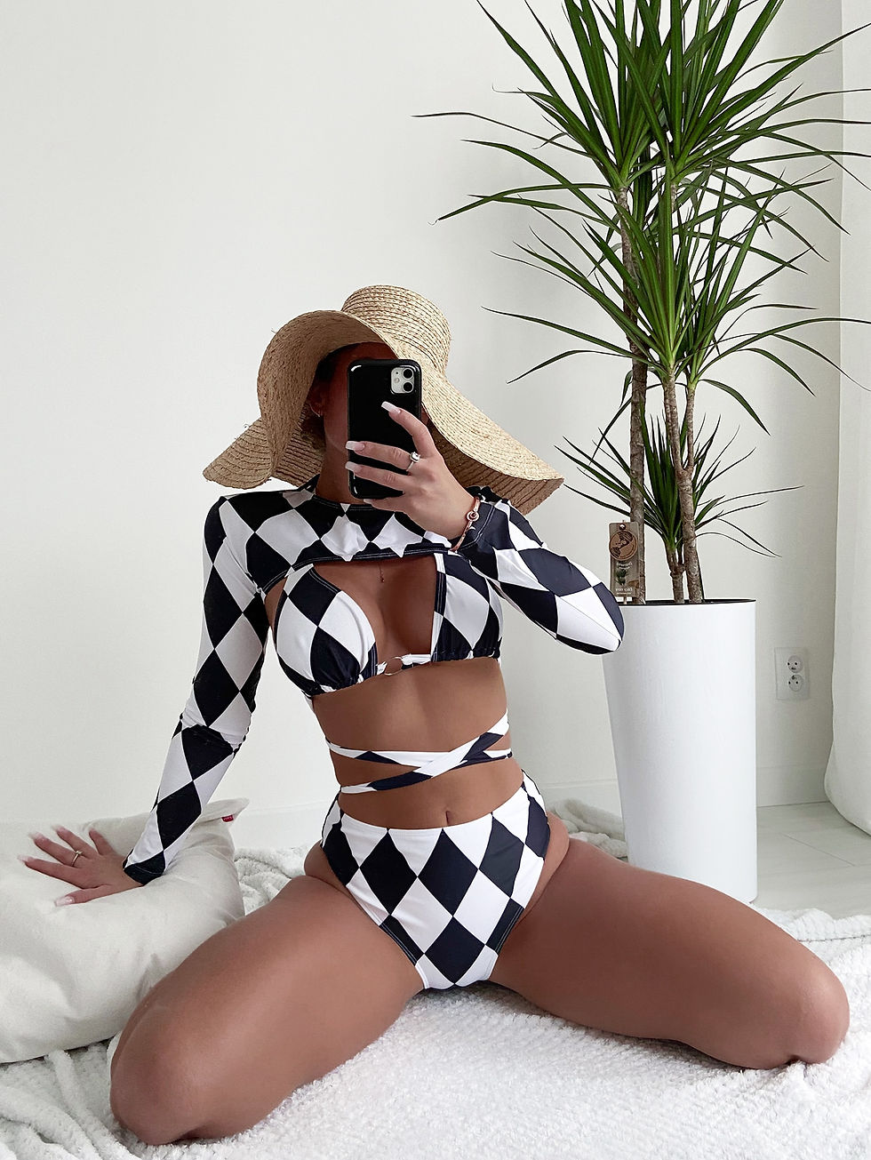 Thumbnail: 3pack Geo Color Block Lace Up Bikini Swimsuit & Cover Up Top