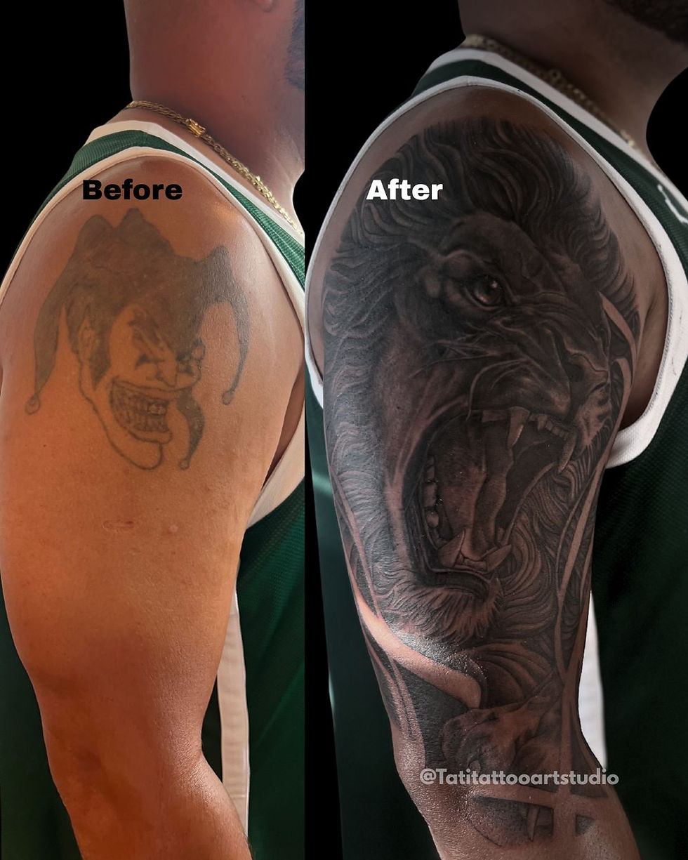 cover up tatuaje hombro león antes y después realismo Austin