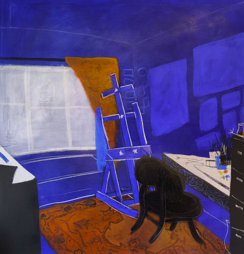 An abstract representation of the artist's studio on a bright blue background