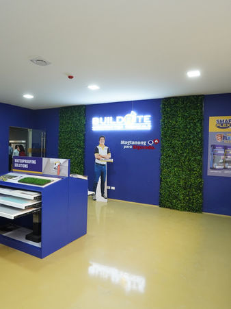 A well-curated display area showcasing Buildrite product lines, system applications, and mock-up samples for demonstration and client viewing.