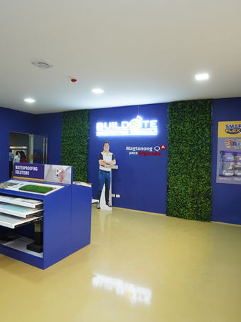 A well-curated display area showcasing Buildrite product lines, system applications, and mock-up samples for demonstration and client viewing.