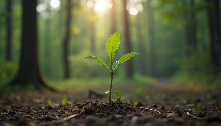 Eye-level view of a young tree growing in a forest clearing