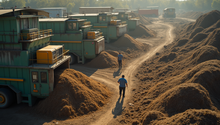 High angle view of a composting facility with organic material processing for human compost