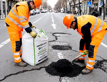 operai che chiudono una buca con asfalto a freddo rigenerato sostenibile ed ecocompatibile Recoworld® prodott a Padova in Veneto