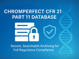 Secure database and compliance lock graphic representing Chromperfect 10 CFR 21 Part 11 features.