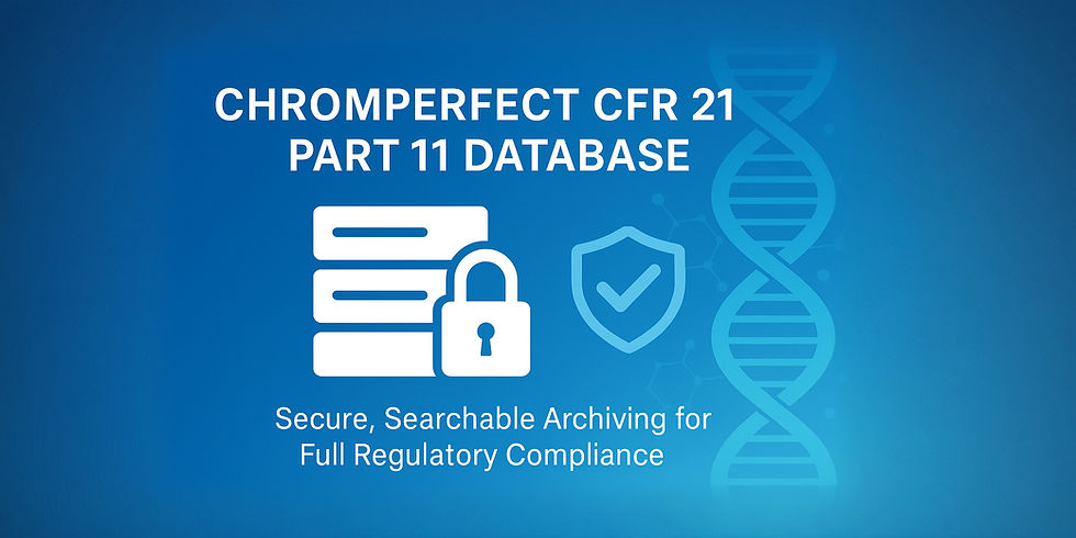Secure database and compliance lock graphic representing Chromperfect 10 CFR 21 Part 11 features.